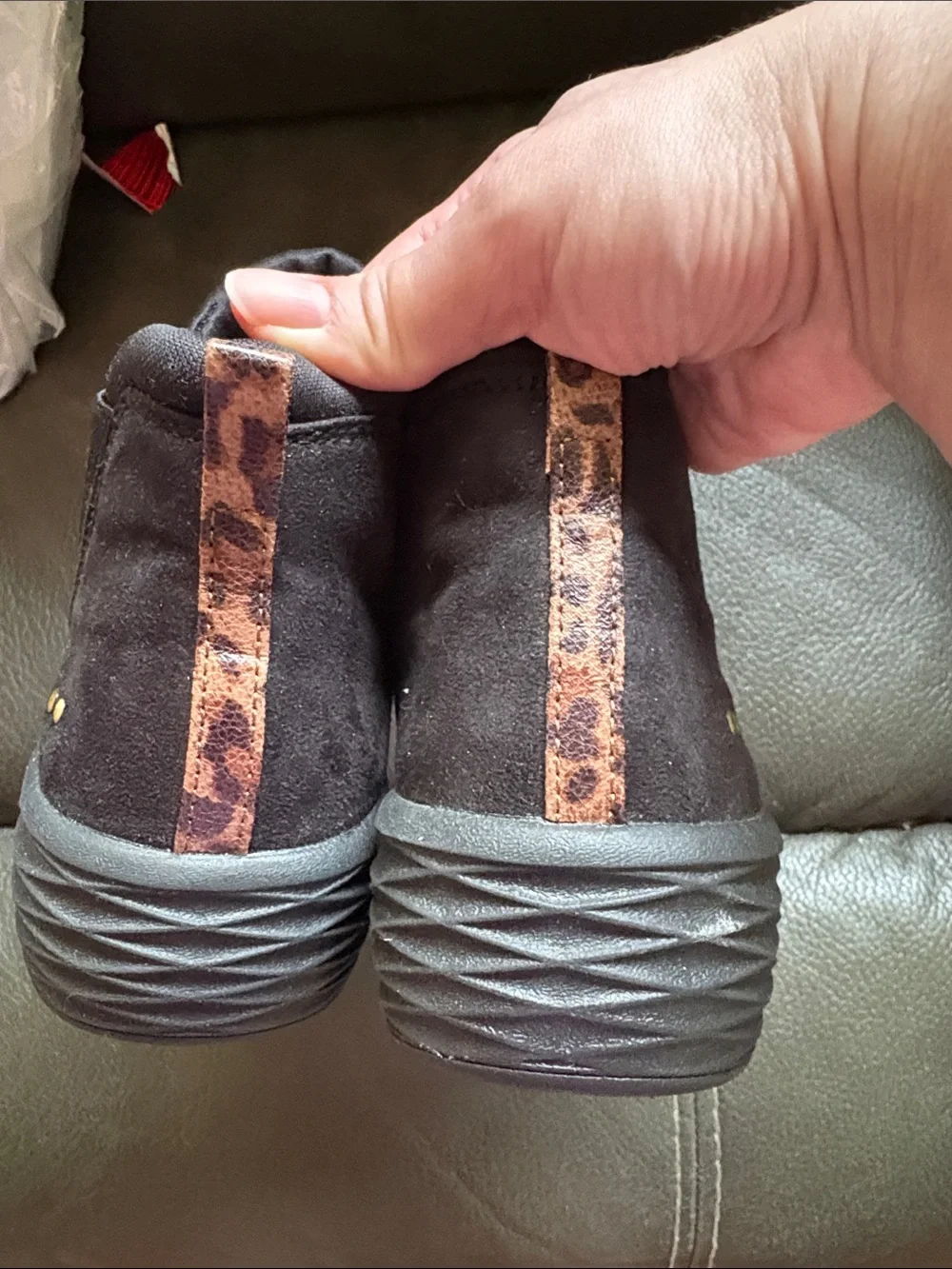 Ryka suede like slip on women’s boots with leopard back trim